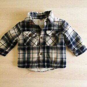 George Blue Gray White Plaid Button Down Sherpa Shacket 6-12 Months